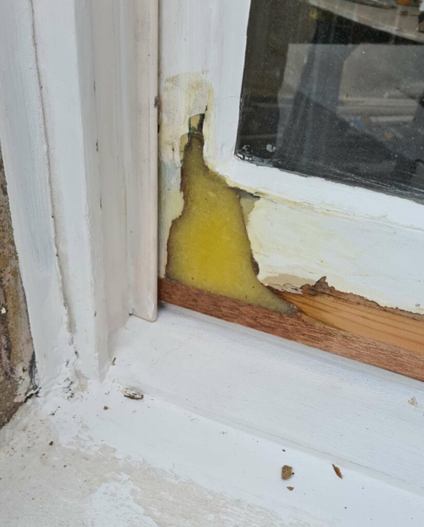 Localised timber repair at the lower corner of a sash window