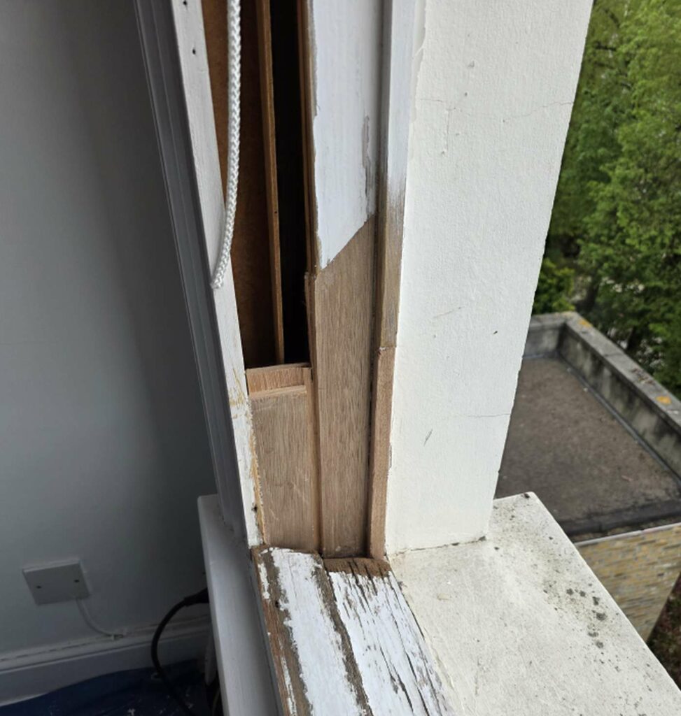 New timber splice fitted after decayed wood was removed from a sash window frame