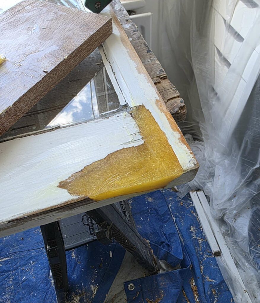Repair Care resin applied to a damaged sash window corner